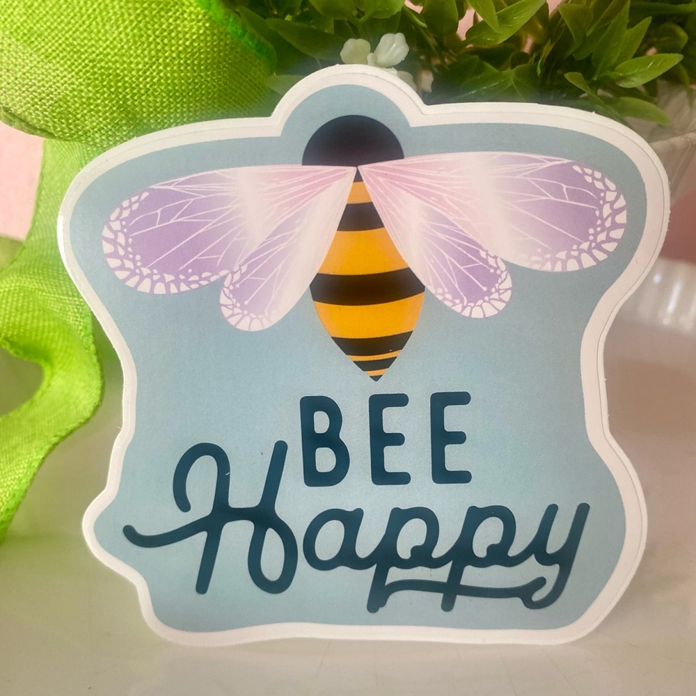 10/$10 Bee Happy Sticker with Yellow and Black Bee